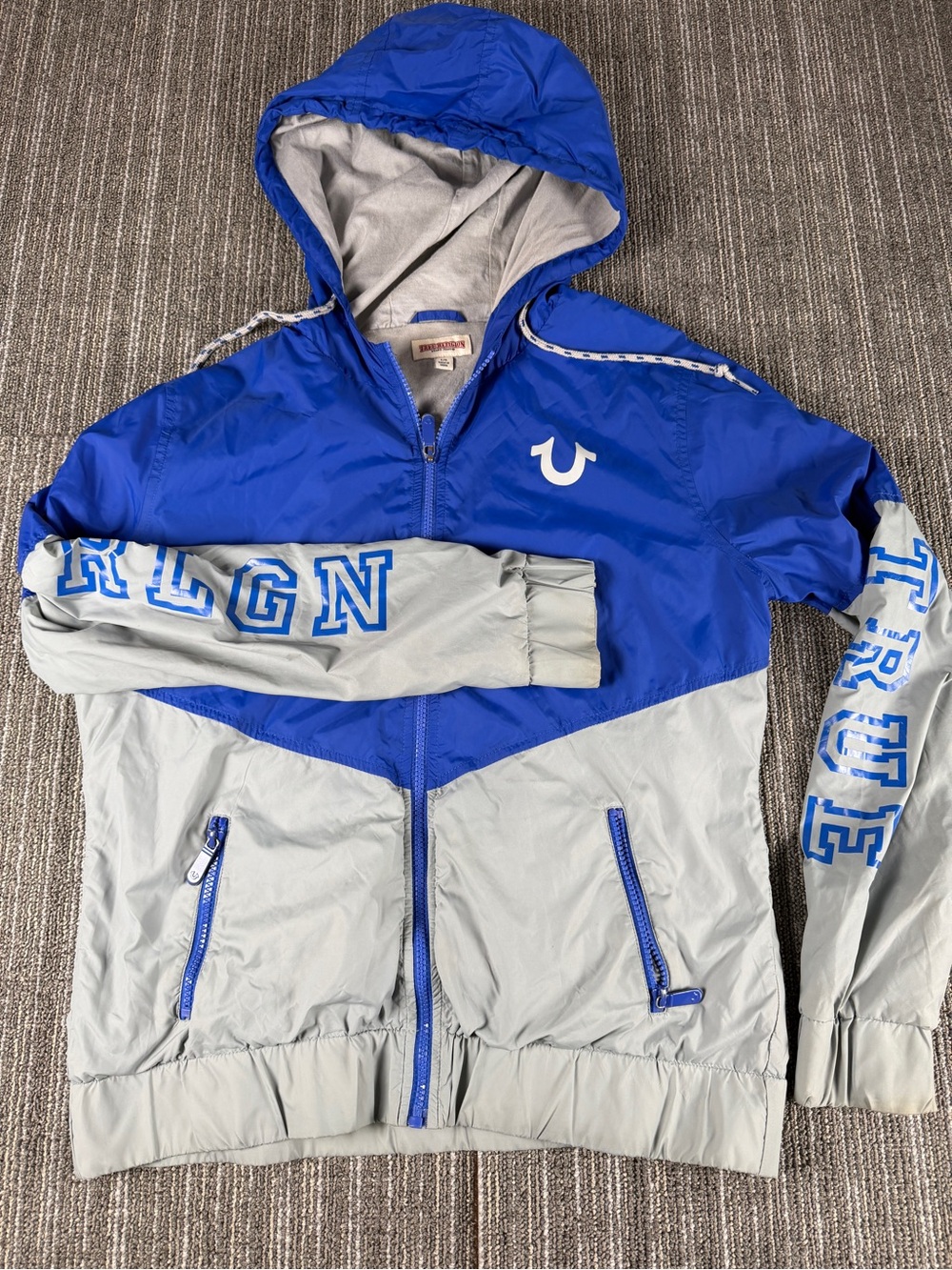 True Religion Royal Blue and Gray Hooded Windbreaker Jacket
